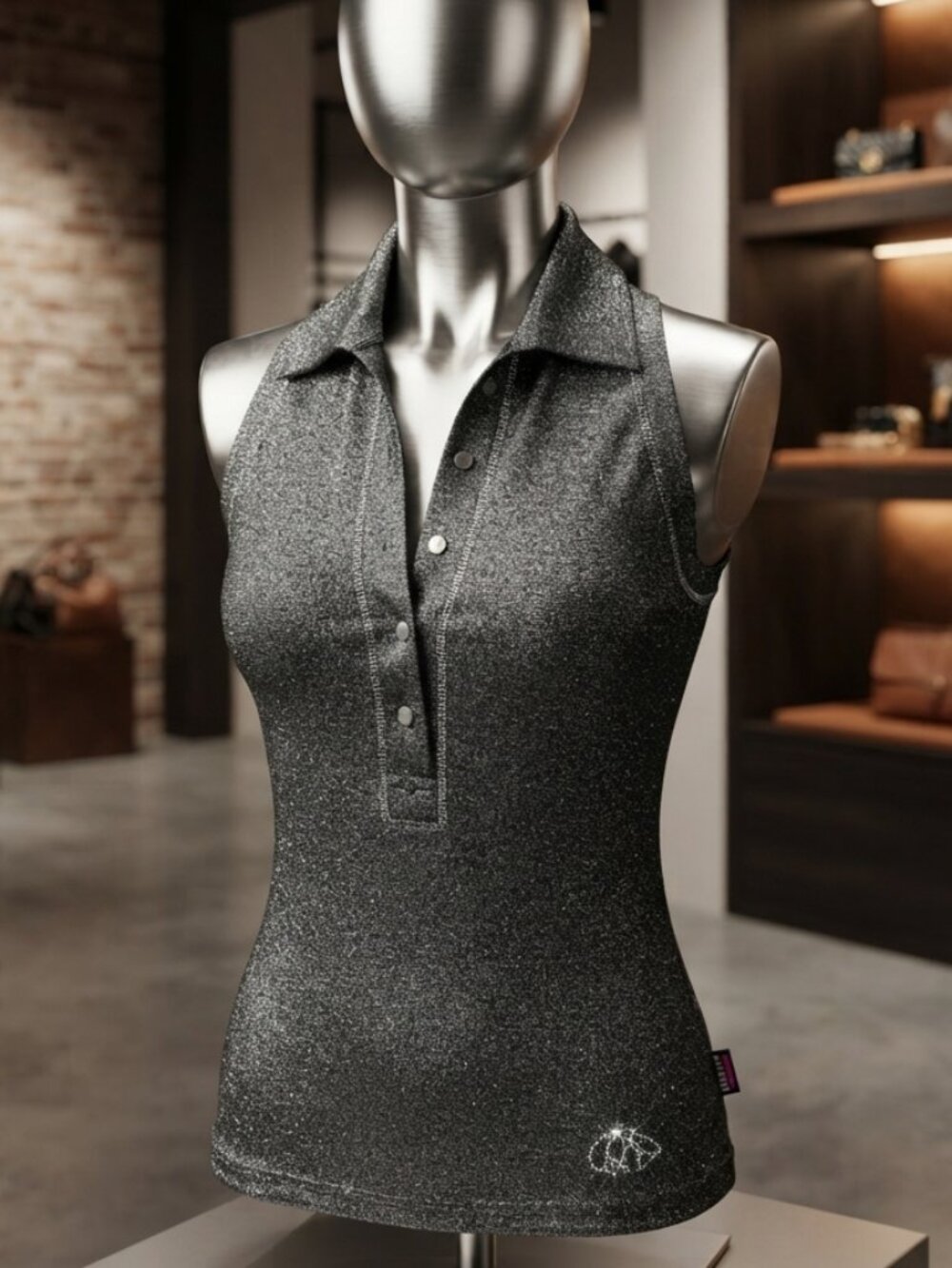 Effeti Moda Italy-Sleveless stretch silver Metallic Halter Polo Top